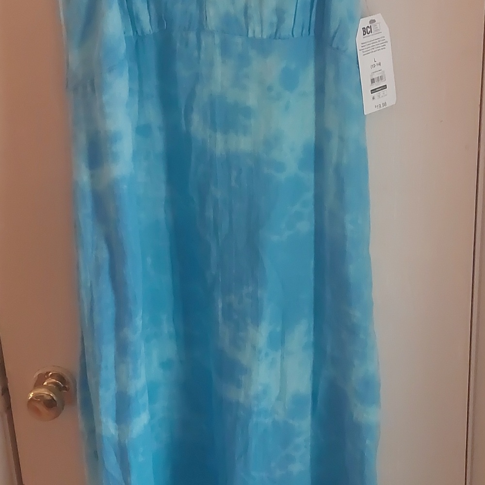 Time And Tru Blue Tie Dye Ruffle Tie Shoulder Midi Dress Sz L - Picture 7 of 17
